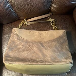 Tory Burch Tan Quilted Tote with Gold Chain